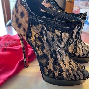 Christian Louboutin lace and leopard pony hair Bridget Booties peep toe platform
